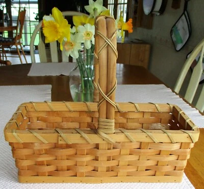 RECTANGULAR WOODEN WICKER BASKET W/ HANDLE.  14" x 6" x 5". PREOWNED - Image 1 of 4