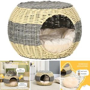 Cat Bed Basket Rattan Wicker Igloo Kitten Raised Cave House with Cushion - Picture 1 of 10