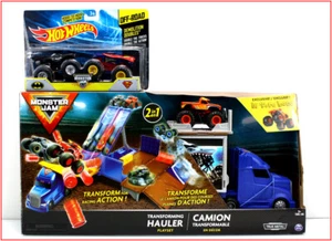 LOT 2 - Monster Jam TRANSFORMING Hauler Truck & Stunt Racing + 3 MONSTER TRUCKS - Picture 1 of 9