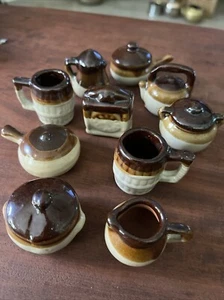 Vintage 10 Piece Miniature Glazed Pottery Dollhouse Stoneware Dishes 1970 Taiwan - Picture 1 of 6