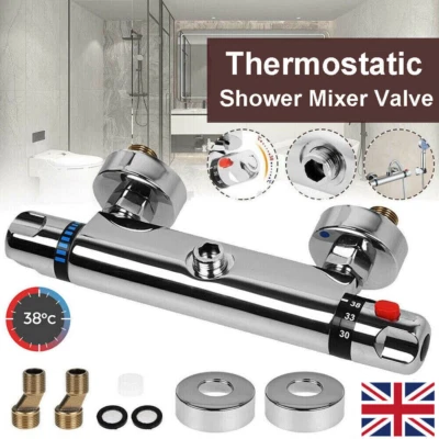 Mixer Shower Valve Tap Round Chrome Thermostatic Exposed Bar Twin Outlet