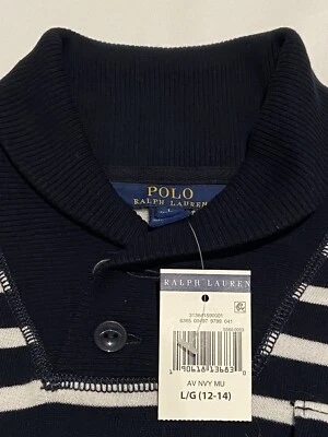 Polo By Ralph Lauren 女孩大号蓝色白色条纹长袖 Polo 连衣裙全新带标签 — 第 1/4 张图片