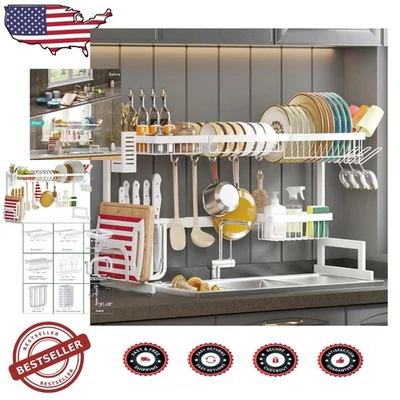 Регулируемая стойка для тарелок из нержавеющей стали — кухонный органайзер над раковиной, белый 2-уровневый - Изображение 1 из 4