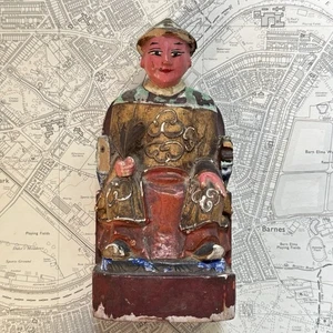 Antigua figura de madera policromada cocina china dios emperador sentado como encontrado - Imagen 1 de 7