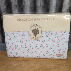 Preswick & Moore Flanell Twin flaches Laken weiß mit rosa Blumen 100 % Baumwolle neu in Verpackung - Bild 1 von 5