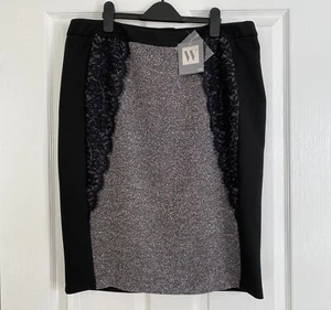 W @ BHS Office Pencil Skirt Midi Size 18 36” Waist Contrast Fabric & Lace Design - Picture 1 of 11