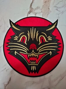 Large Vintage Black Cat Fangs Halloween Satan Old School Rockabilly Iron Patch - Picture 1 of 15