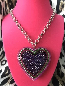 Luly Lu "Monstrous" Vintage HUGE Lucite Heart Purple Green Swarovski Necklace - Picture 1 of 8