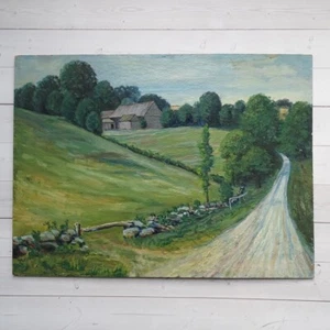 Antique Rural Summer Landscape Oil Painting Country Farm Barn Stonewall Trees - Picture 1 of 17