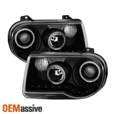 Fit 2005-2010 Chrysler 300C Replacement Black LED Dual Halo Projector Headlights - Image 1 of 4