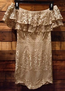 Angel Biba Gold Lace Off The Shoulder Dress Size 10 - Picture 1 of 11