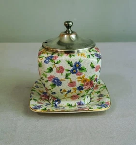ROYAL WINTON OLD COTTAGE CHINTZ Jam Pot with Silverplate Lid + Under Tray Old! - Picture 1 of 4