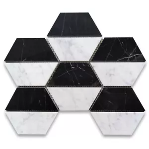 C35T1XP Carrara White Marble Trapezoid Split Hexagon Mosaic Tile Black - Picture 1 of 6