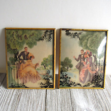 Vintage Convex Pictures Courting Couple Reverse Painting Pair