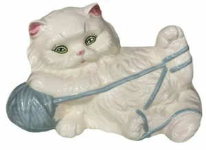 BIG White Persian Kitty Cat Playing w/ Blue Yarn Large Vintage Ceramic Figurine - Picture 1 of 11