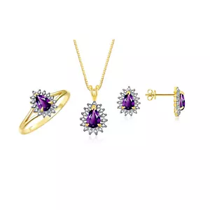 RYLOS Gold Plated Silver Set: Ring, Earrings & Pendant, Gemstones & Diamond 5-10 - Picture 1 of 32