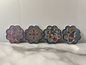 Set of 4 Turkish Ceramic Pottery Floral Colorful Scalloped Tile Coasters Boho - Picture 1 of 5