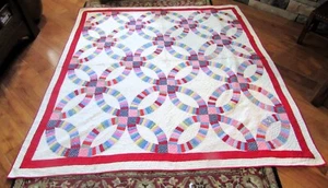 Antique Double Wedding Ring Quilt Hand-stitched Hand-quilted Feed Sack BEAUTIFUL - Picture 1 of 14