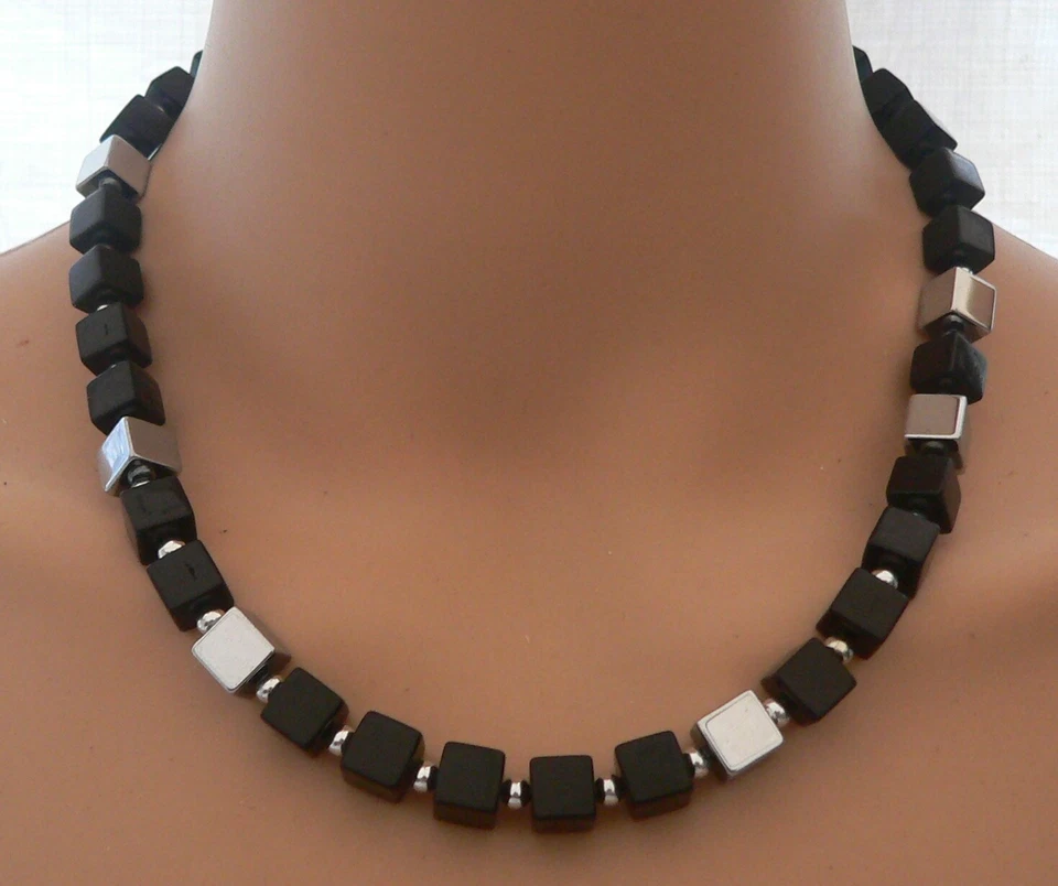 Halskette Würfel Cube Hämatit silber Schmuckstein Howlith Schwarz 456u - Bild 1 von 4