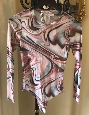 MIRADA ~ ¡Nueva! Body de malla manga larga cuello falso rosa/azul estampado remolino nuevo con etiquetas xs Foto 1 de 4