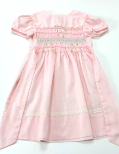 Vintage Polly Flinders Hand Smocked Pink Flowers Tie Dress Girls Size 6X - Picture 1 of 13