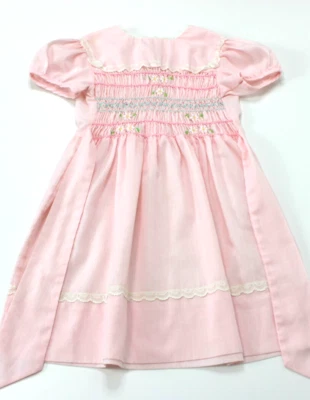 Vintage Polly Flinders Hand Smocked Pink Flowers Tie Dress Girls Size 6X - Image 1 of 4