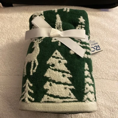 Merry & Bright Christmas Hand Towels (2) Trees/Deer,  Green &White 100% COTTON  - Image 1 of 4