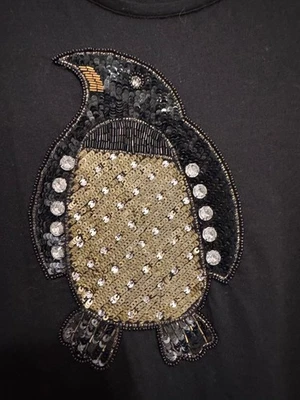 CHICO'S Zenergy Black LS Pullover Tee Beaded Sequin Penguin Sz 2 (L) CLEAN - Image 1 of 4