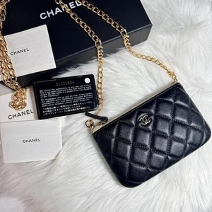CHANEL Matelasse Leather Coin Case Chain Wallet Shoulder Bag Black Auth Used - Picture 1 of 20