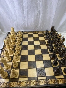 Vintage Large Hand Crafted Wooden Chess Set Pieces Stored Inside Folded Board - Picture 1 of 24