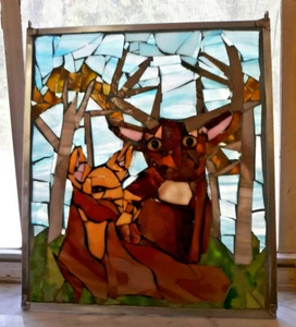 Stained Glass Buck and Doe in woodland setting hanging panel 11.5 x 9.5 mosaic  - Picture 1 of 3
