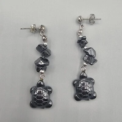 Hematite Turtle Earrings Beaded Dangle Pierced Ear Figural Sea Life Ocean Animal - Image 1 of 4