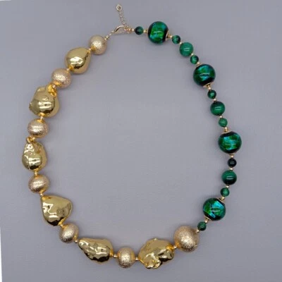 Collar asimétrico de cristal de Murano ojo de tigre verde perla barroca cultivada dorada Foto 1 de 4