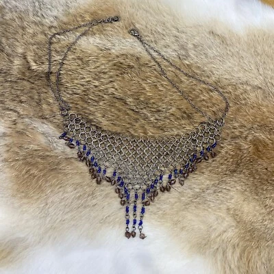 Handmade Chainmail Necklace w/ Blue Sapphire and Amber Glass Lattice Bib Collar - Image 1 of 4