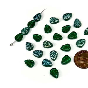 Czech Pressed Druk Glass Small Flat Leaf Beads 10x8mm Emerald AB green 24pc J504 - Picture 1 of 2