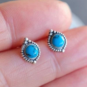 Ethnic Turquoise 925 Sterling Silver Stud Earrings - Picture 1 of 3
