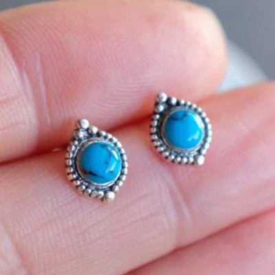 Ethnic Turquoise 925 Sterling Silver Stud Earrings - Image 1 of 3
