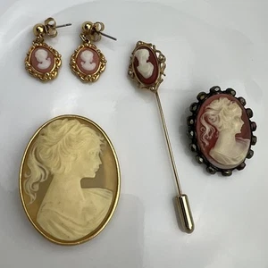 Vintage Cameo 5 Piece Set AVON Stick Pin & Earrings Shell Pendant Small Brooch - Picture 1 of 11