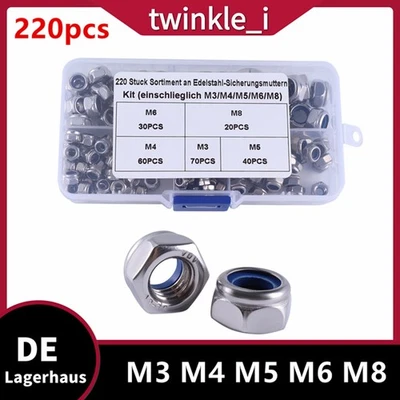 220x Sicherungsmutter Sortiment Selbstsichernde Muttern DIN 985 Edelstahl M3-M8 - Bild 1 von 4