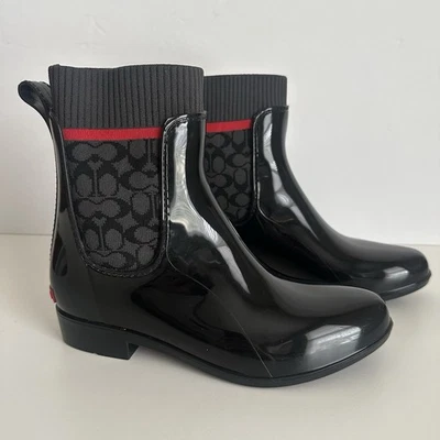 Coach Signature Rain Boots Black Logo Stretch Pull-On Sock Style G5255 Sz 6 - Image 1 of 4