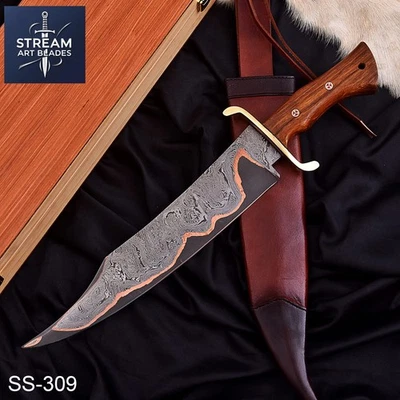 Custom Handmade Copper Damascus Steel Bowie Knife Rose Wood Handle with Leather - Image 1 of 4