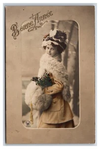 Happy New Year Bonne Anne getönte Frau Wintermantel Muff UNP DB Postkarte U17 - Bild 1 von 2