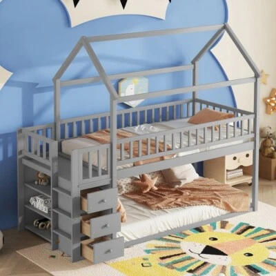 Solid Wood House Bunk Bed with Storage Drawers Bookshelves Kids Bunk Bed Frames - Image 1 of 4