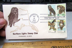 1978 Owls FDC first day cover, USA stamped envelope, Fairbanks Alaska block of 4 - Picture 1 of 2