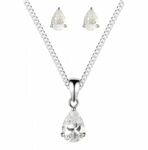 925 Sterling Silver Clear White CZ Pearshape Pendant Earring Set - Picture 1 of 4