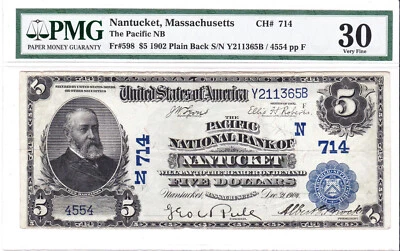 $5 1902 PB National 🇺🇸 NANTUCKET Massachusetts MA 🇺🇸 PMG 30 Very Fine! 🇺🇸 - Image 1 of 2