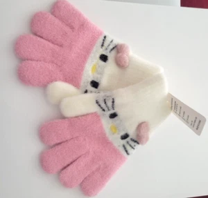 Girls No Name Brand Pink & Ivory Kitten Face Wool Acrylic Gloves - Picture 1 of 3