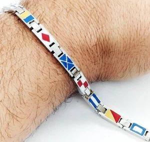 Bracciale Uomo Acciaio Bandiere Nautica Smaltate Nautical Flags Regolabile - Picture 1 of 7
