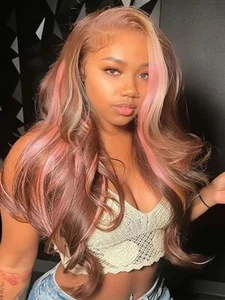 Brown Mixed Pink Blonde Wig Long Wave 4x4 Lace Front 100% Human Hair Wigs Daily - Picture 1 of 8
