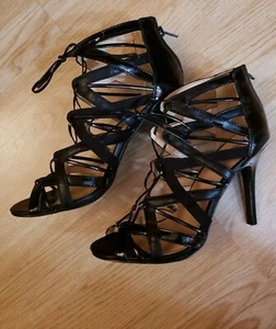 Women size 8 black patent lace-up strappy sandal open toe heels, Worn Once - Picture 1 of 7